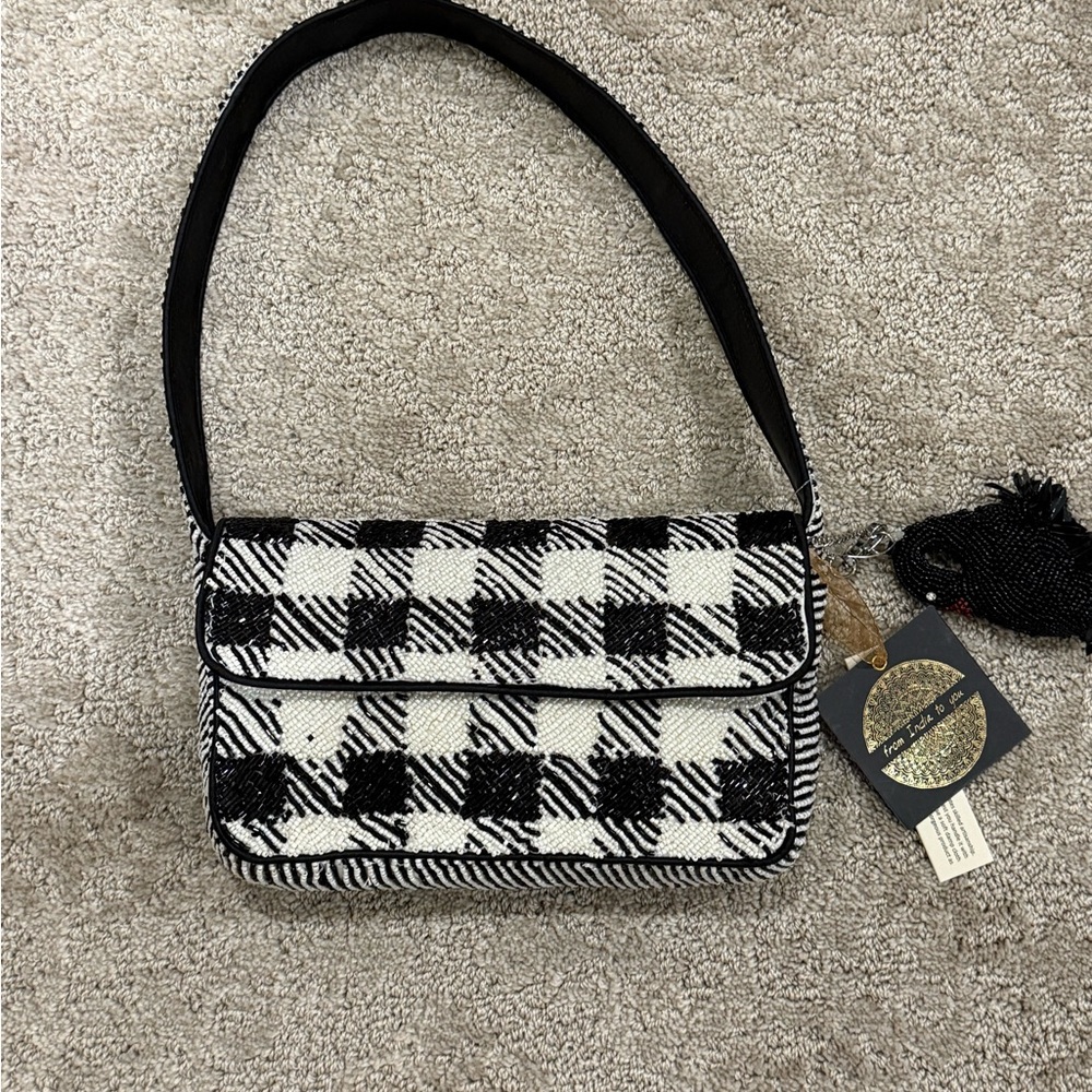 Beaded Black and White Checkered Bag with Black Swan Bag Charm